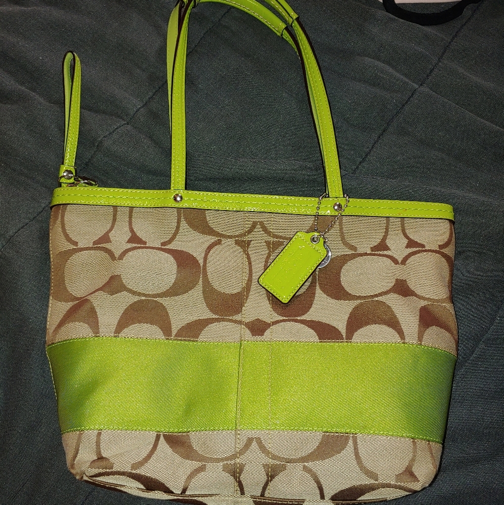 Coach Signature Stripe Brown Canvas Tote in Green leather trim